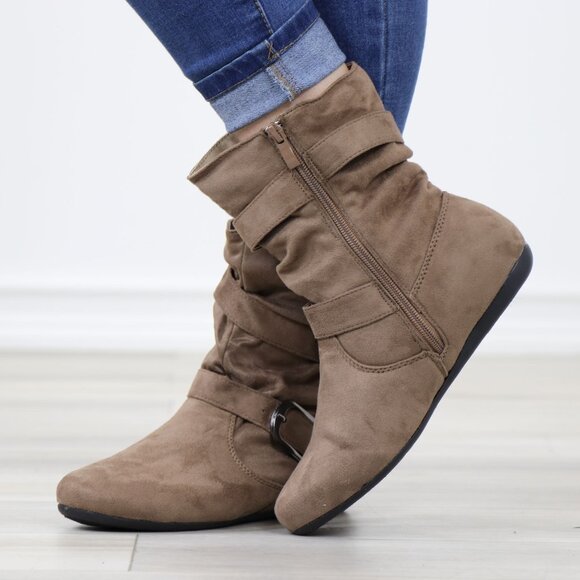 Above Ankle Booties Flat Boots Faux Suede Taupe  Round Toe - Picture 8 of 12